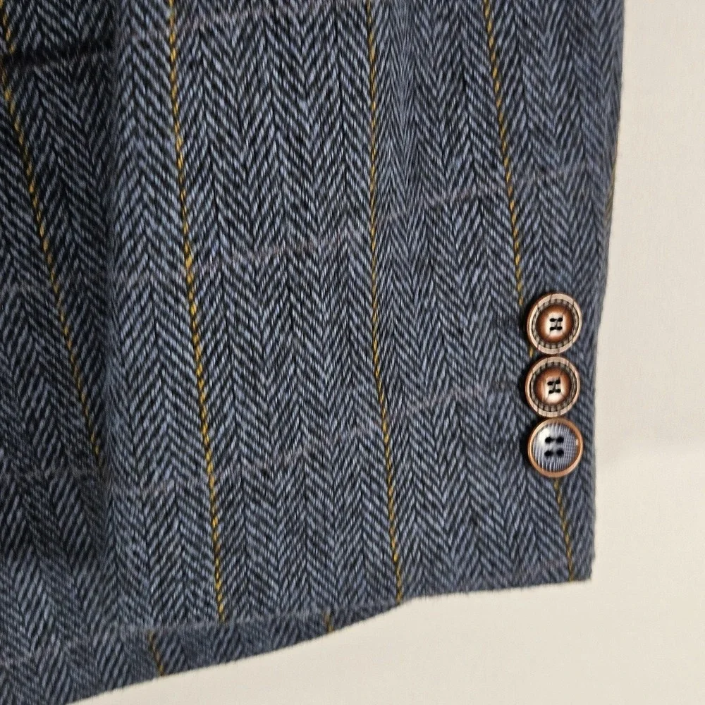 Men's Polyester Tweed Sport Coat Blazer Two Button Blue Plaid Size 36R